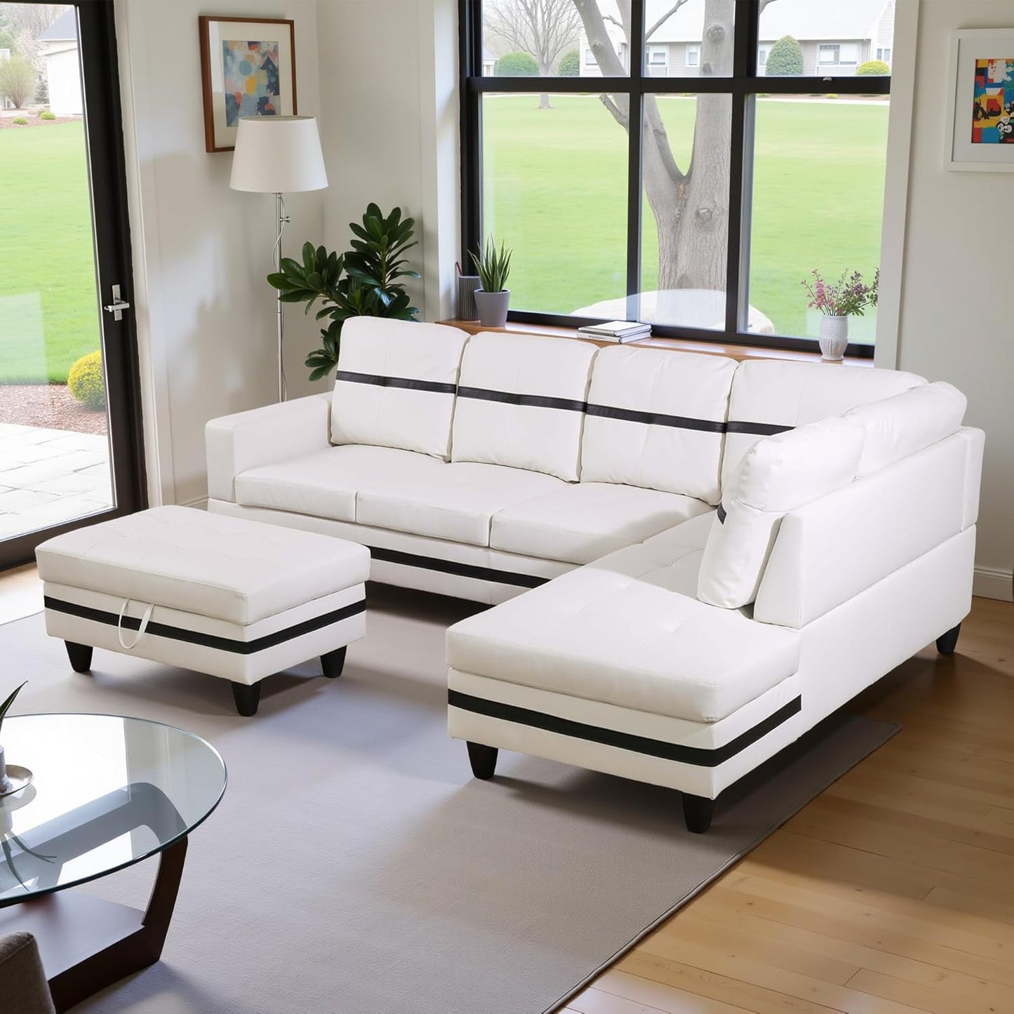 103.5" Oversized Sectional Couch, L Shaped Couch with Storage Ottoman, Modern Modular Sofa with Deep Seat, Sectional Couches for Living Room and Office, White and Black (PU Leather)