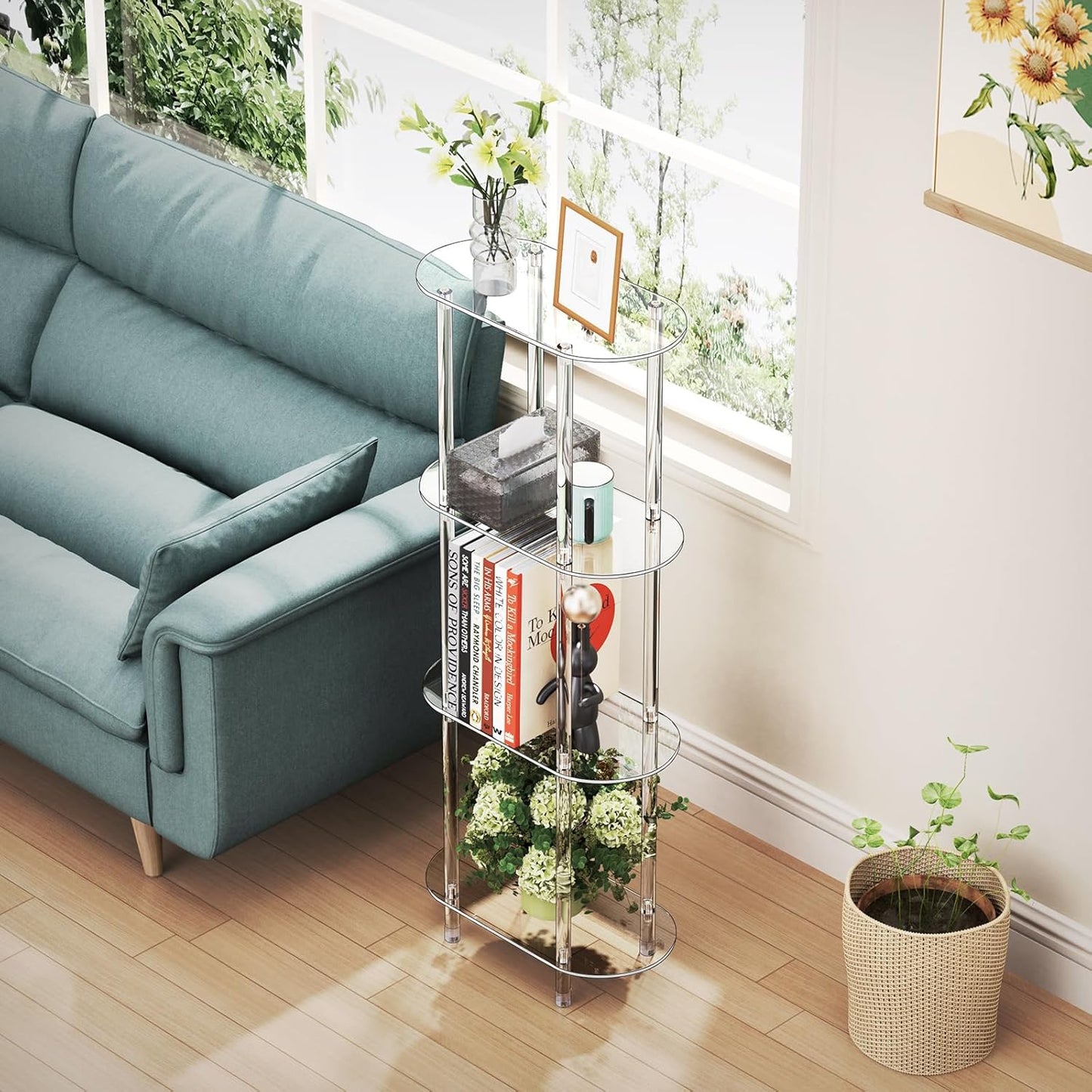 Clear Acrylic Narrow Side Table for Small Spaces, 15.75" L x 7.87" W x 38.7" H, 4 Tier Oval Slim End Table Nightstand, Small Minimalist Skinny Bedside Table for Bedroom, Bathroom, Living Room