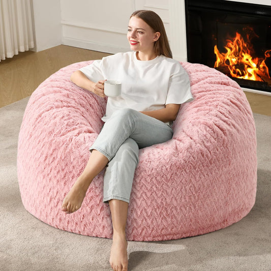 4ft Bean Bag Chairs for Adults Large Beanbag Chair with Chevron Plush Fur Cover Big Bean Bag Chair for Living Room Bedroom Dorm (Pink)