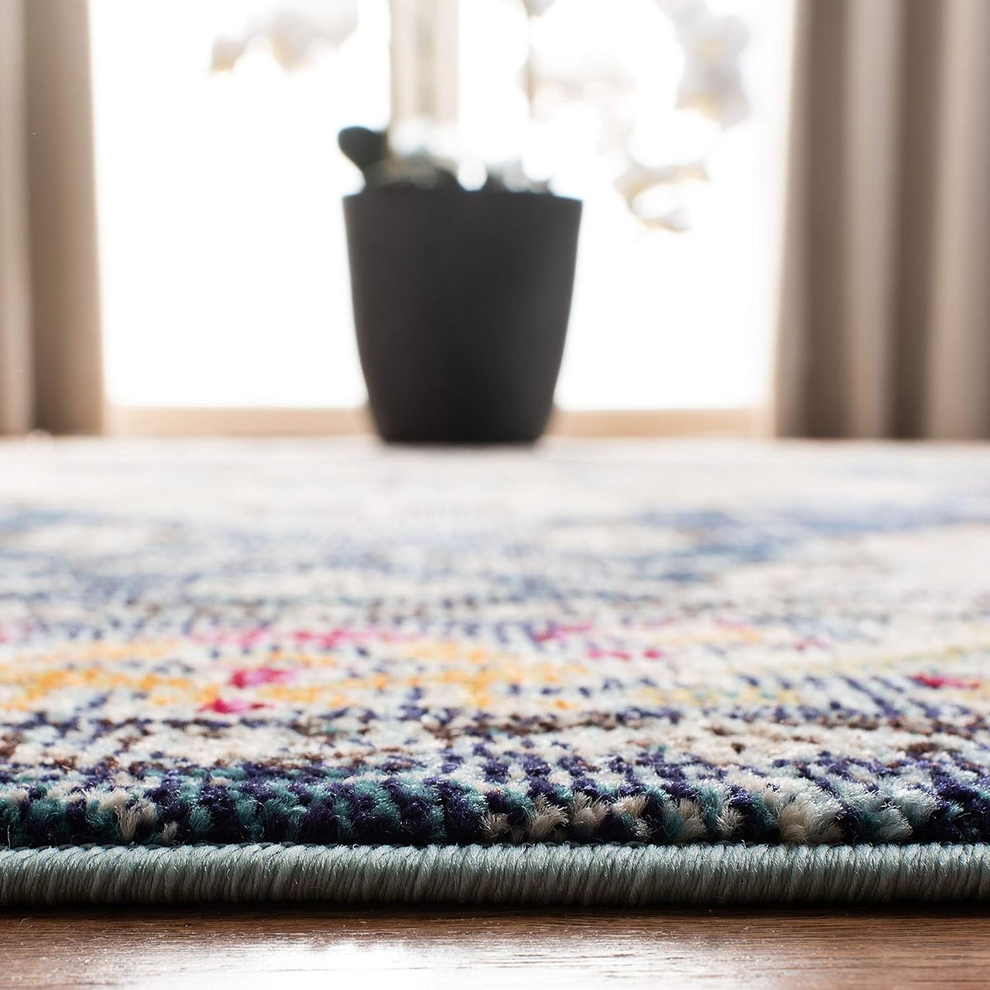 SAFAVIEH Monaco Collection Area Rug - 5' Square, Navy & Light Blue, Boho Chic Medallion Distressed Design, Non-Shedding & Easy Care, Ideal for High Traffic Areas in Living Room, Bedroom (MNC243N)