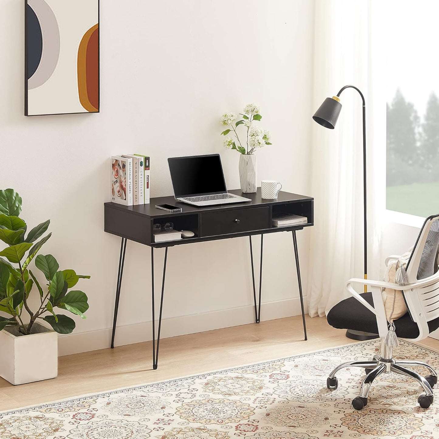 VECELO 39.3" Home Office Work Table with Drawers,Computer Desk with Hairpin Leg for Writing/Study,Black