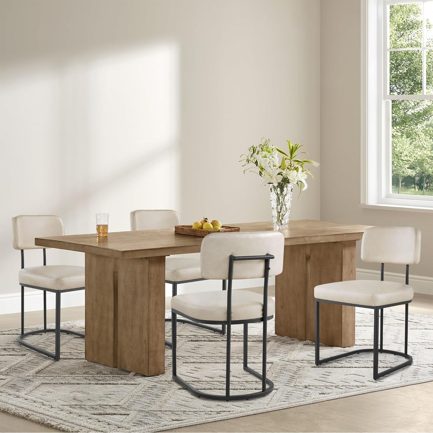 Dining Chairs Set of 6, Upholstered Modern Kitchen Chairs with Ergonomic Backrest, Faux Leather Cushion Seat & Metal Legs for Living Room, Restaurant, and Café, Beige, 2 Boxs