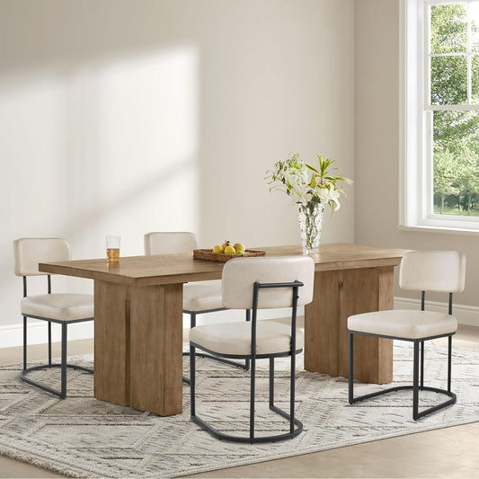 Dining Chairs Set of 4, Upholstered Modern Kitchen Chairs with Ergonomic Backrest, Faux Leather Cushion Seat & Metal Legs for Living Room, Restaurant, and Café, Beige, 2 Boxs