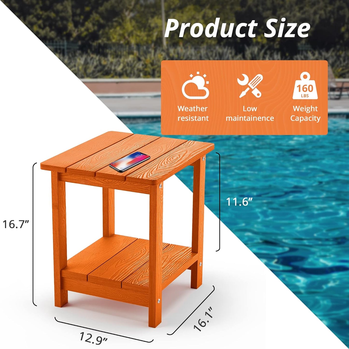 LUE BONA Adirondack Outdoor Side Table, 2-Tier Orange HDPS Patio End Table Weather Resistant, Morden Side Table for Patio, Pool, Porch