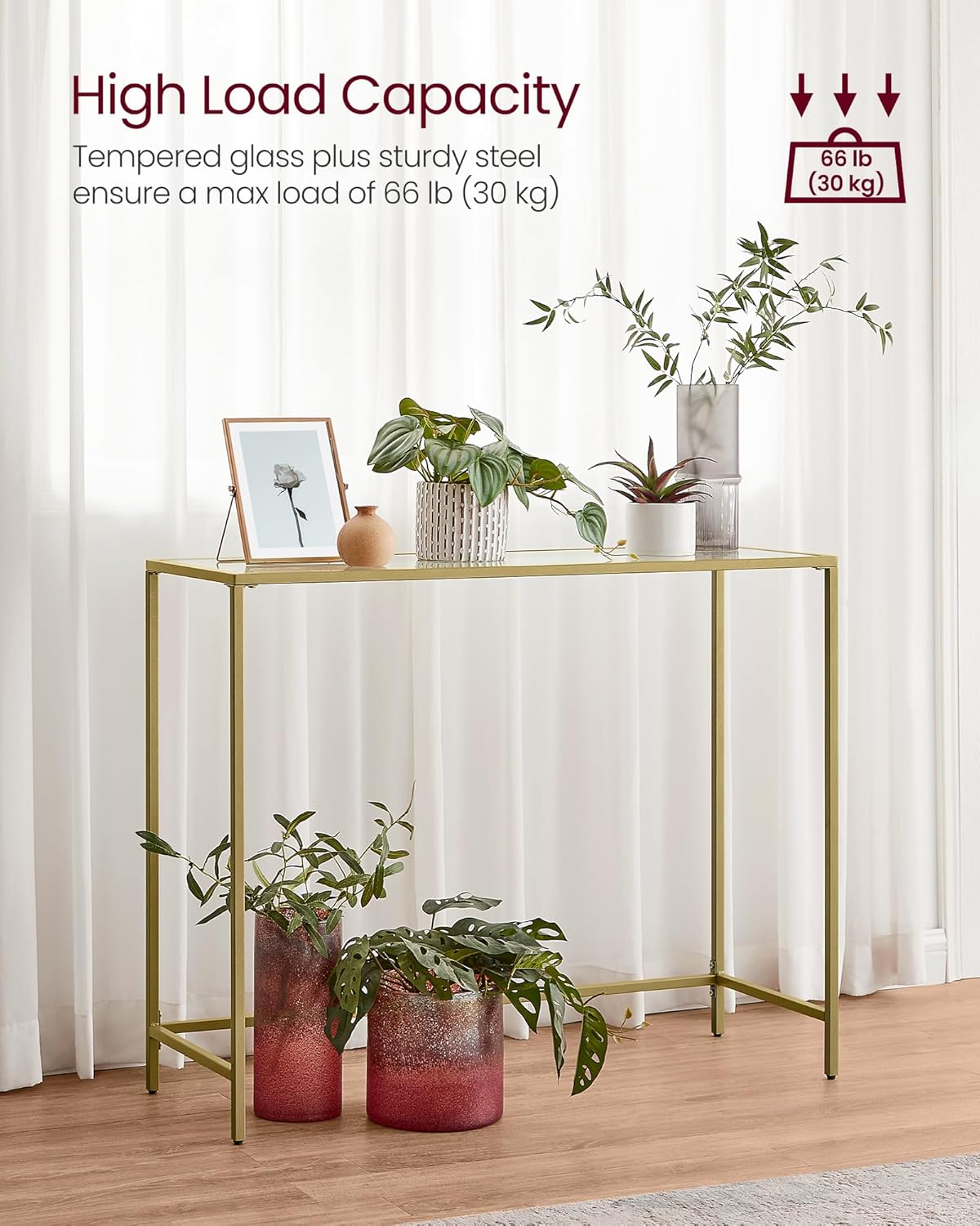 VASAGLE Entryway Table, Console Table, Tempered Glass Tabletop, Modern Sofa Table, Easy Assembly, with Adjustable Feet, for Living Room, Entryway, Pale Gold and Transparent ULGT132A01