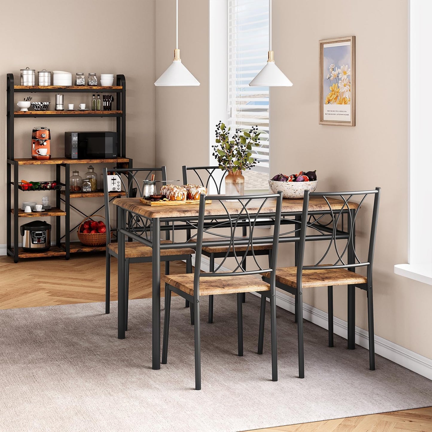 Dining Table Set for 4, Compact Kitchen Table and 4 Chairs, 5-Piece Kitchen Table Set, Space-Saving Design for Small Space, Dining Room, Apartment, Retro Brown