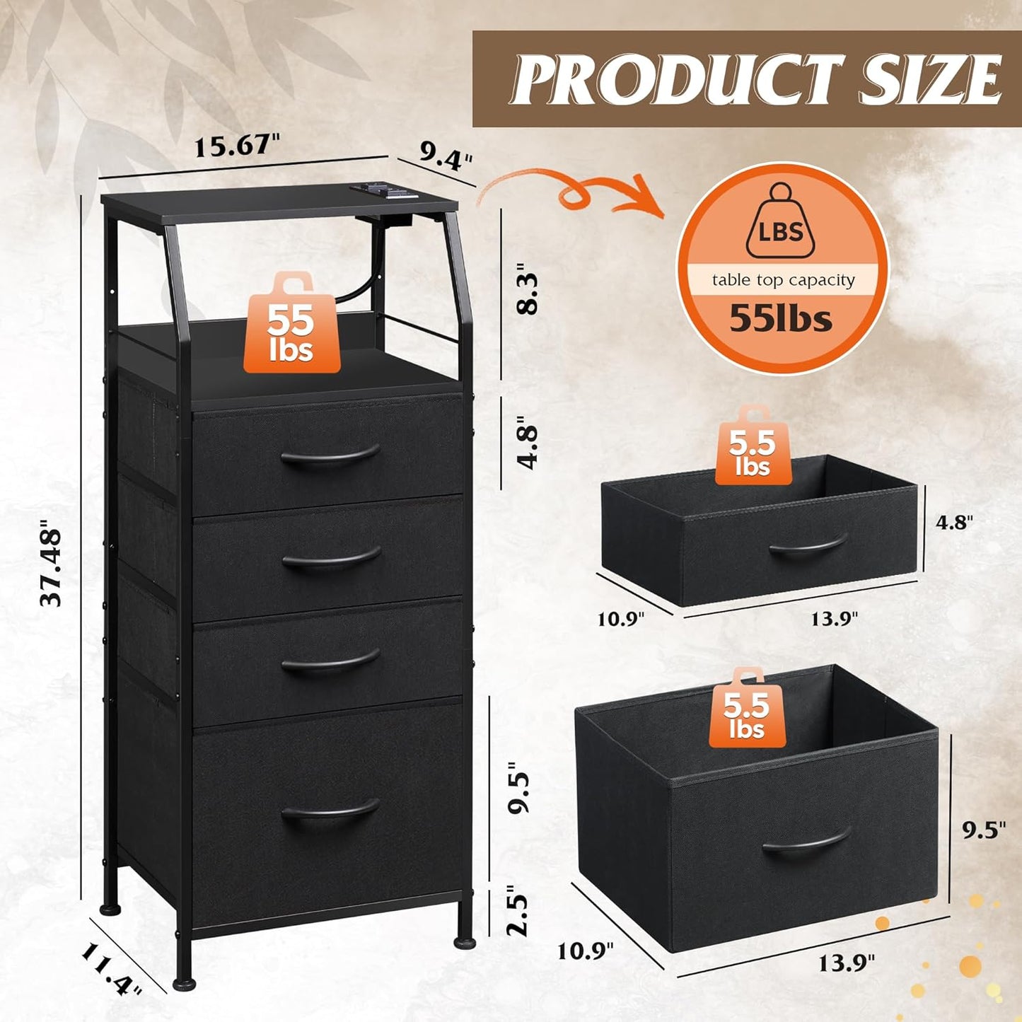 WLIVE Night Stand with Charger Station, LED Nightstand with 4 Fabric Drawers and Storage Shelf, Tall Dresser for Bedroom, 37.48" H Bedside Table with 3 USB Ports and Outlets, Black