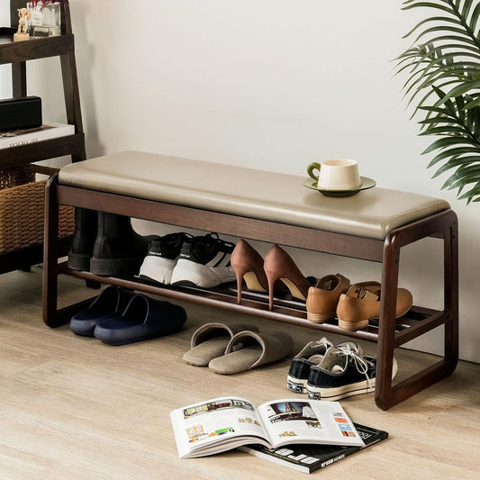 Shoe Bench, Entryway Bench with Leather Cushion, Solid Wood Shoe Rack, Mid Century Modern Bench, Shoe Storage, Shoe Organizer for Entryway (Grey, 39.4" W)