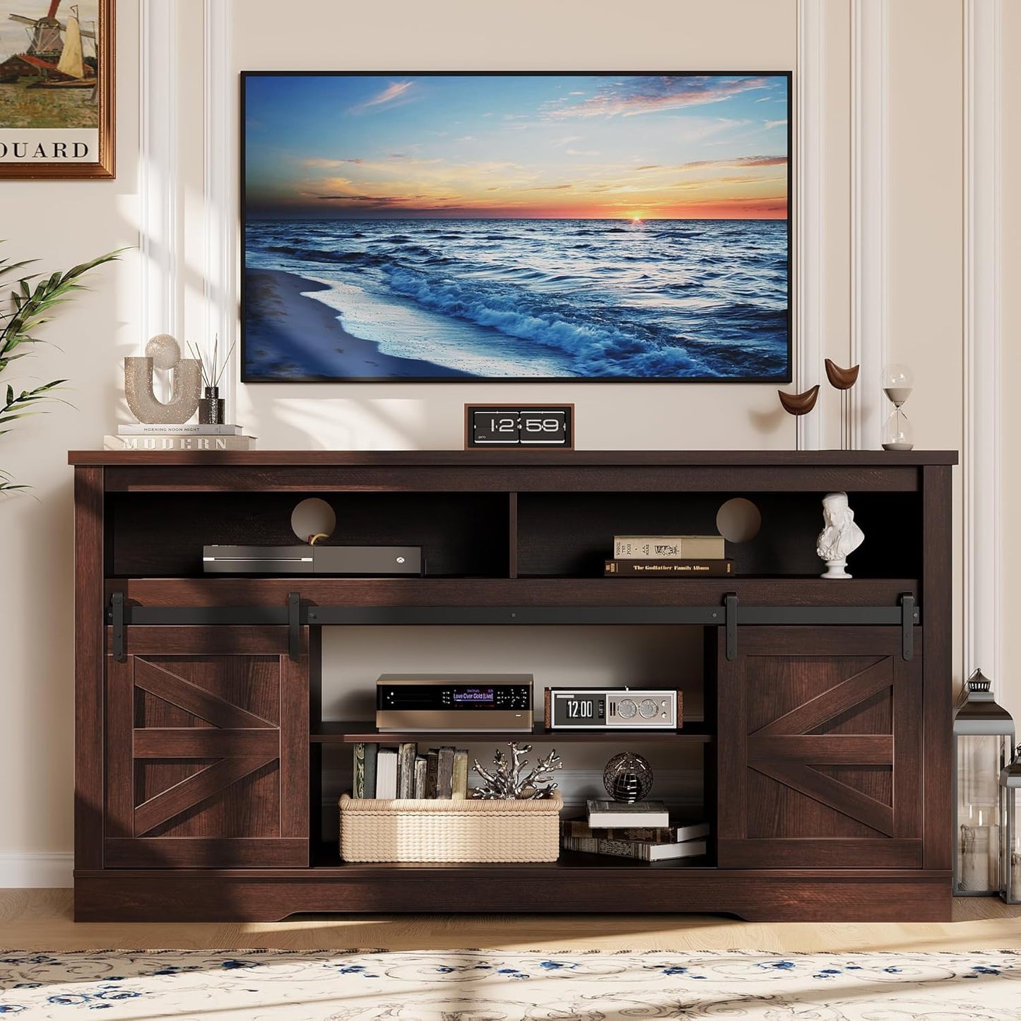 YESHOMY Fireplace TV Stand for Television up to 65+ Inch with Storage and Farmhouse Sliding Barn Doors, Entertainment Center with Cabinet and Shelves, Media Console for Living Room, Dark Brown