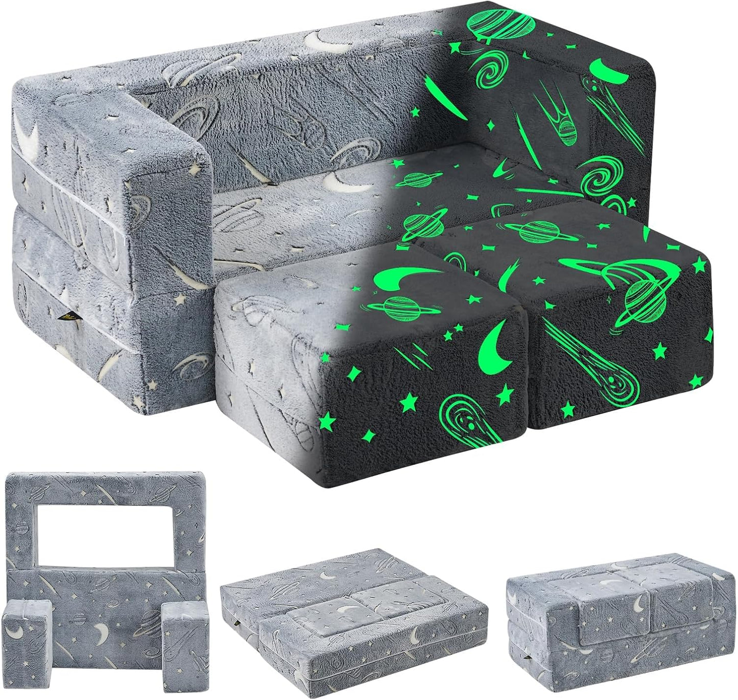 Kids Couch Sofa Modular Toddler Couch, Glow in The Dark 3 in 1 Fold Out Kids Sofa with Washable and Durable Covers for Boys, Galaxy Stars