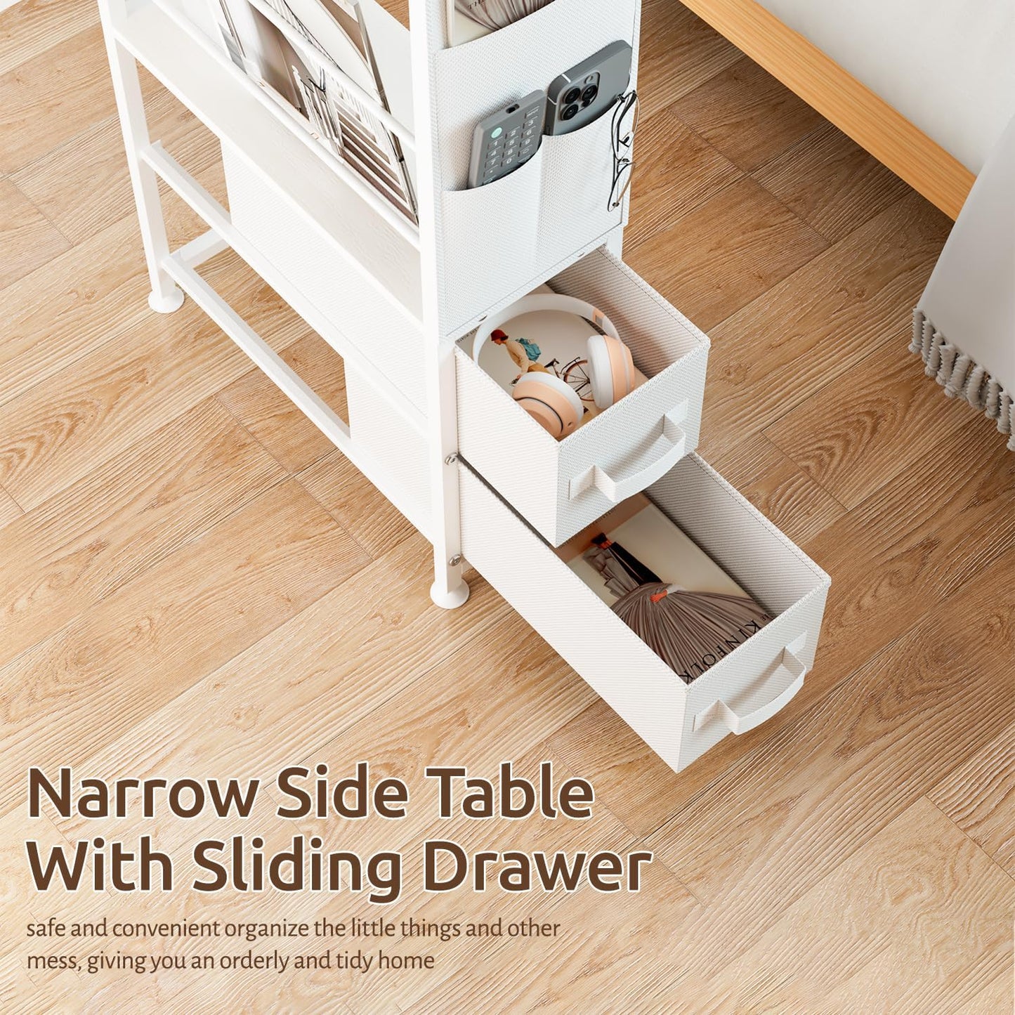 Small Narrow Side Tables for Small Spaces, Skinny Bedside End Table Nightstand with Drawers&Wheels, Slim Desk Stand Magazine Rack with Storage Bag for Sofa Living Room Couch Bedroom (White)