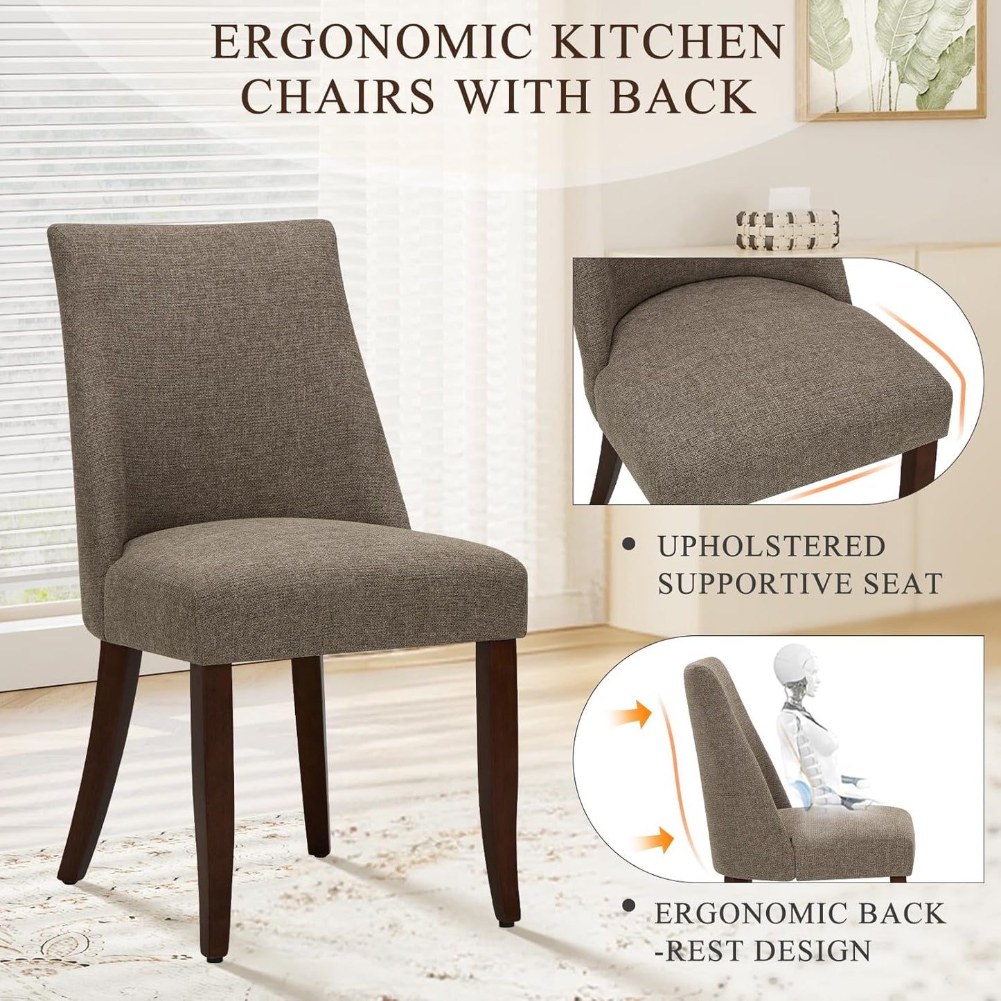 COLAMY Upholstered Dining Chairs Set of 6, Mid Century Modern Kitchen Chairs with Back, Farmhouse Fabric Side Dining Room Chairs with Wood Legs for Dining Room Restaurant, Brown