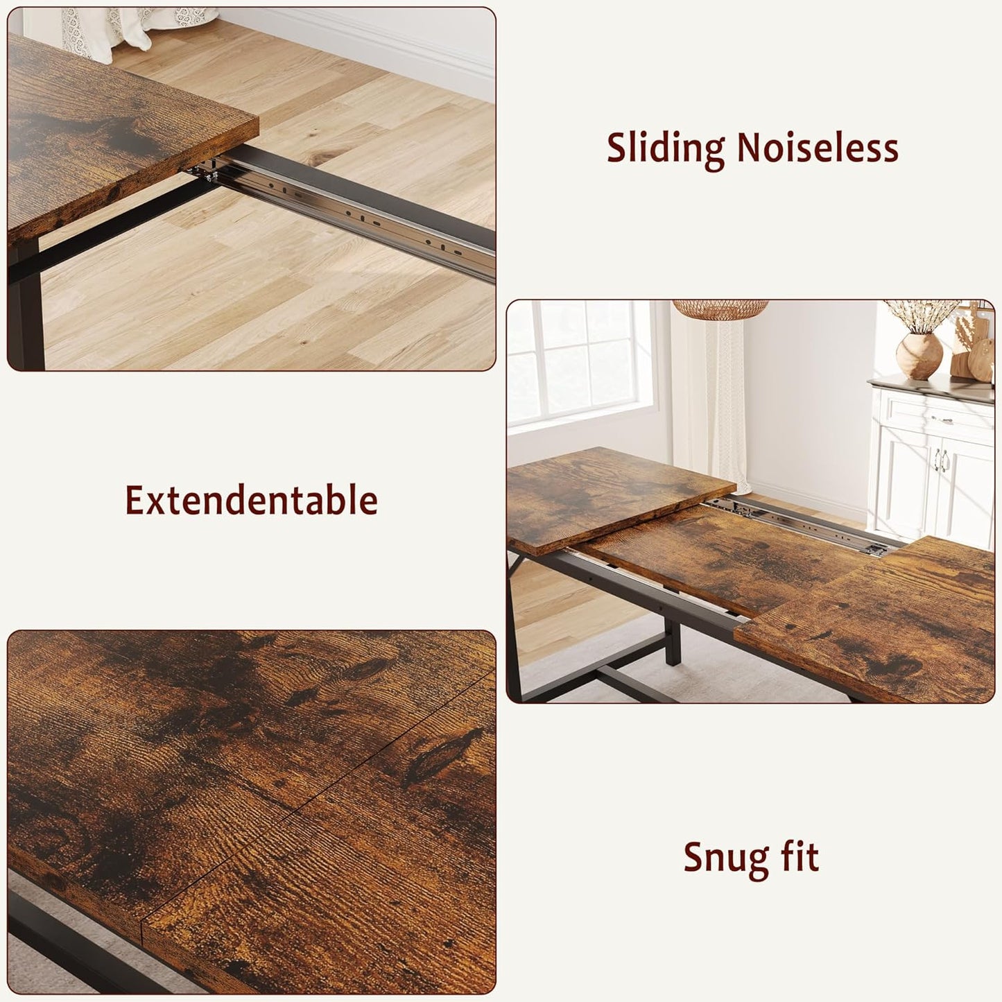 Dining Table Set for 4-6, 63“ Large Extendable Kitchen Table Set, Wood Rectangle Kitchen Table with 2 Soft Benches for Small Space, Apartment, Dinner,Saving Space, Retro Brown