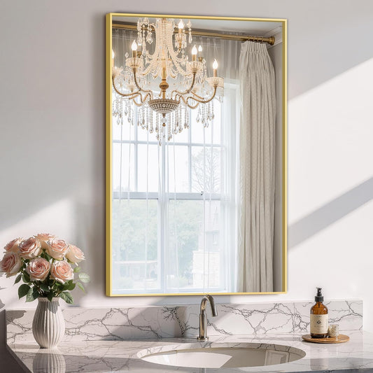 Bathroom Vanity Mirror for Wall, 20" x 30" Metal Framed Rectangular Bathroom Wall Mirror for Over Sink, HD Shatterproof Glass, Hangs Horizontally or Vertically(Gold)