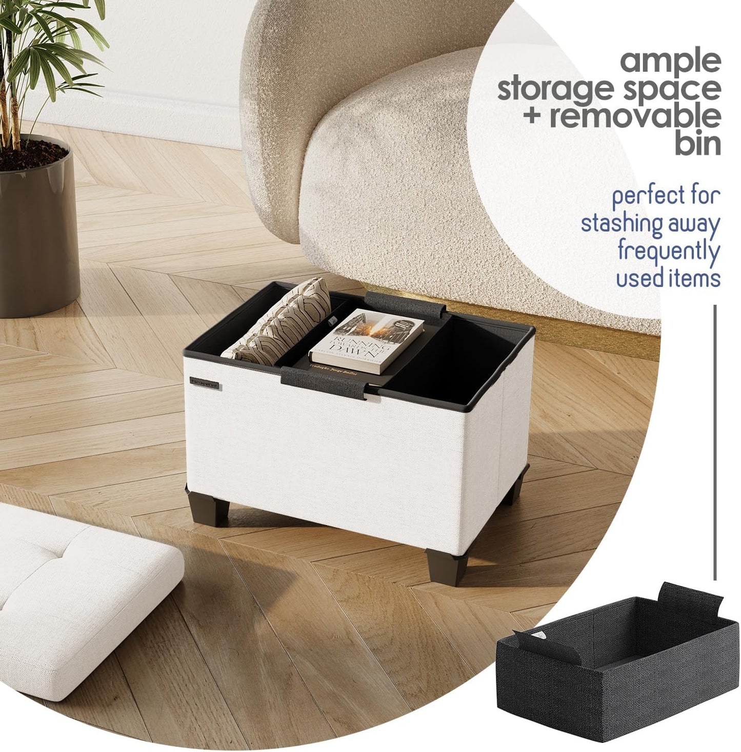 STORAGEBUD Storage Ottoman Cube with Small Bin, 16-in Square Ottoman with Storage for Living Room and Bedroom, Small Ottomans Foot Rest, Fabric Foot Stools Ottomans Max 330lbs, Cream