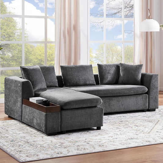 Merax 93.7" L-Shaped Sectional Sofa with Wooden Storage Compartment, Chenille Upholstered Deep Seating Sleeper Couch & Chaise Lounge and Throw Pillows for Living Room, Gray