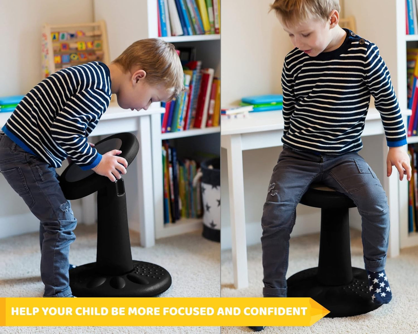 ActiveChairs Kids Wobble Chair, Flexible Elementary Classroom Seating, Improves Focus, Posture and Helps ADHD/ADD, Sensory Chair, Active Fidget Chairs, Pre-Teen 17.75" Stool, Ages 7-12, Black