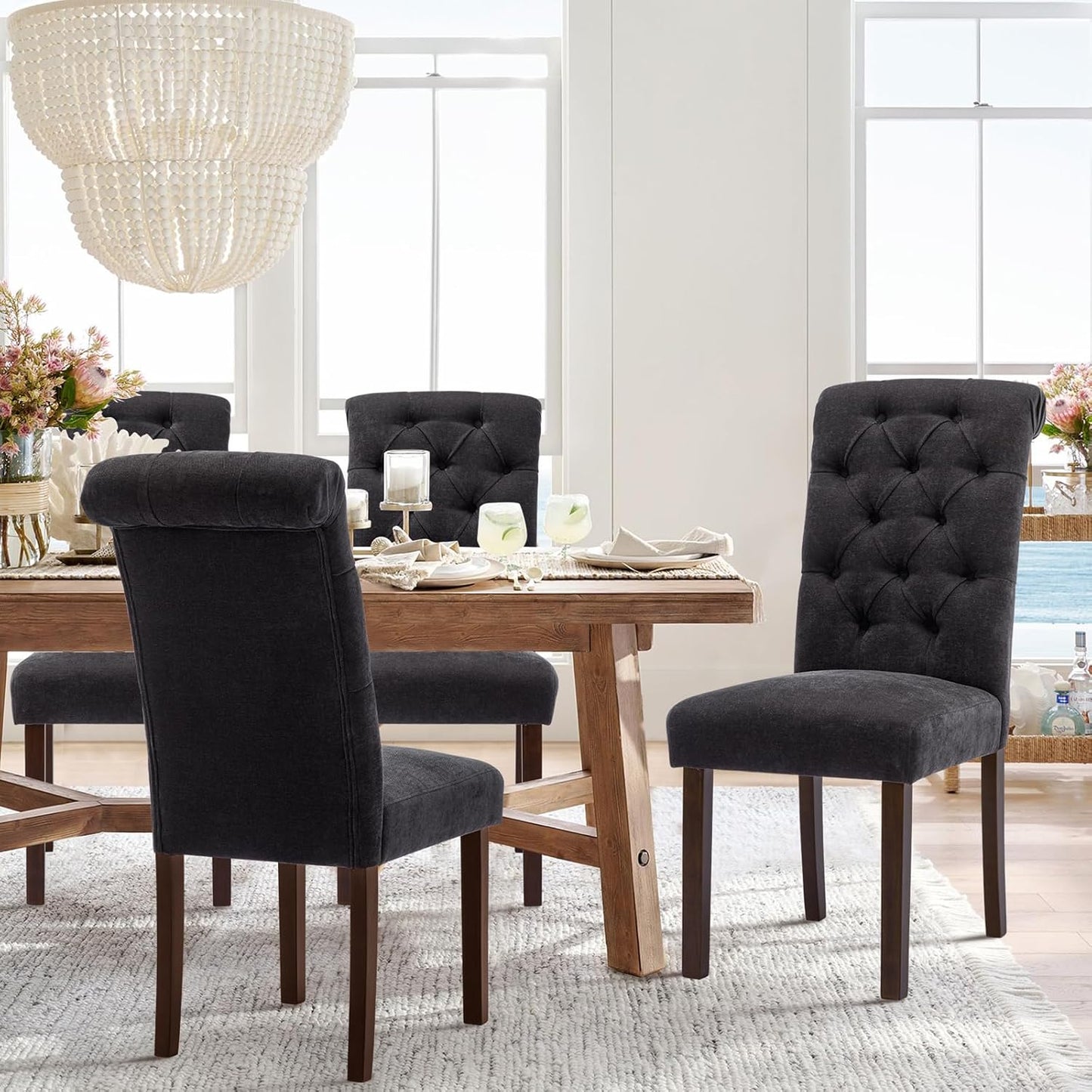 COLAMY Button Tufted Dining Chairs Set of 6, Parsons Upholstered Fabric Dining Room Chairs Kitchen Chairs with Wood Legs and Padded Seat, Black