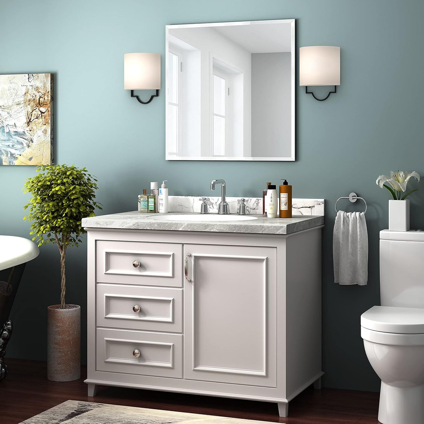 KOHROS Vanity Mirror Frameless Square Mirror, 24" x 24" Bathroom Wall Mirror w/Pencil Polished Edge, Anti-Rust, Tempered Glass, Hangs Horizontally or Vertically