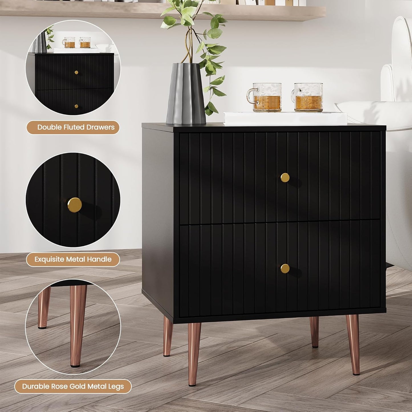 Black Night Stand Set 2,Fluted Nightstand with Door and Open Storage Space,Modern Bedside Table and Wood End Side Table with Golden Metal Legs and Handles for Bedroom,Black (Black, 2 Drawers)