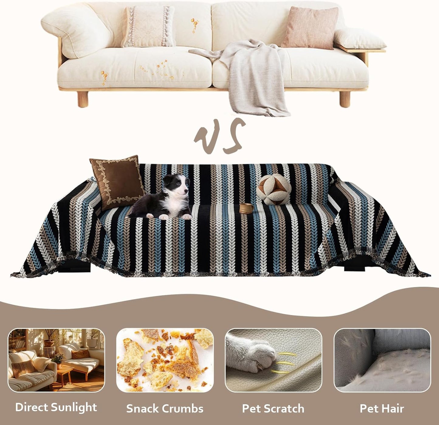 STACYPIK Modern Striped Sofa Cover for Pets, Vintage Jacquard Herringbone Couch Cover for 2 Cushion Couch, Non-Slip L Shaped Couch Cover for Sectional Washable Throw Slipcover for Living Room-71x118IN