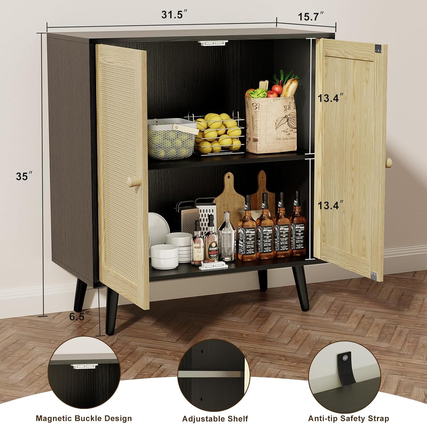 Rattan Sideboard Buffet, Accent Cabinet Cupboard Console Small Cabinet with Doors and Adjustable Shelve for Kitchen & Entryway Storage, Black