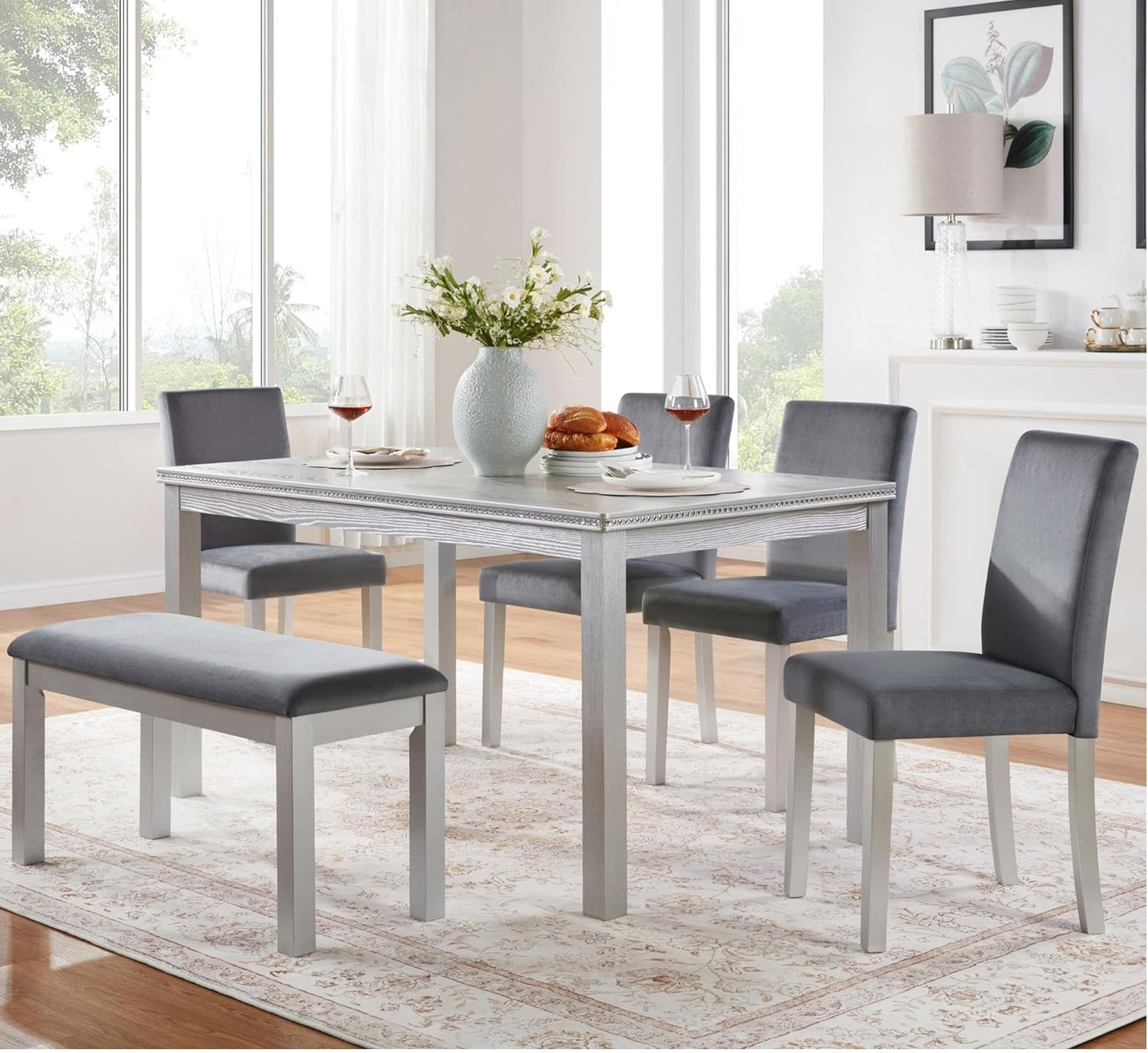 soges 6 Piece Wooden Dining Table Set, Wooden Dining Table with 4 Upholstered Chairs and Bench for 6 People, Rectangular Dining Table Set with Crystal Decoration for Kitchen, Dining Room, Silver Grey