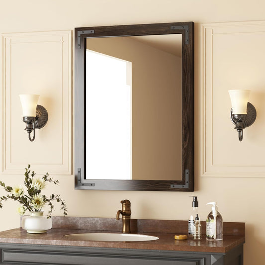 VocalStar Black Wood Framed Mirror 22 x 30 Inch, Rustic Natural Black Wooden Rectangle Bathroom Vanity Wall Mirror for Farmhouse Boho Decor, 1/4-inch Shatterproof Glass | Waterproof