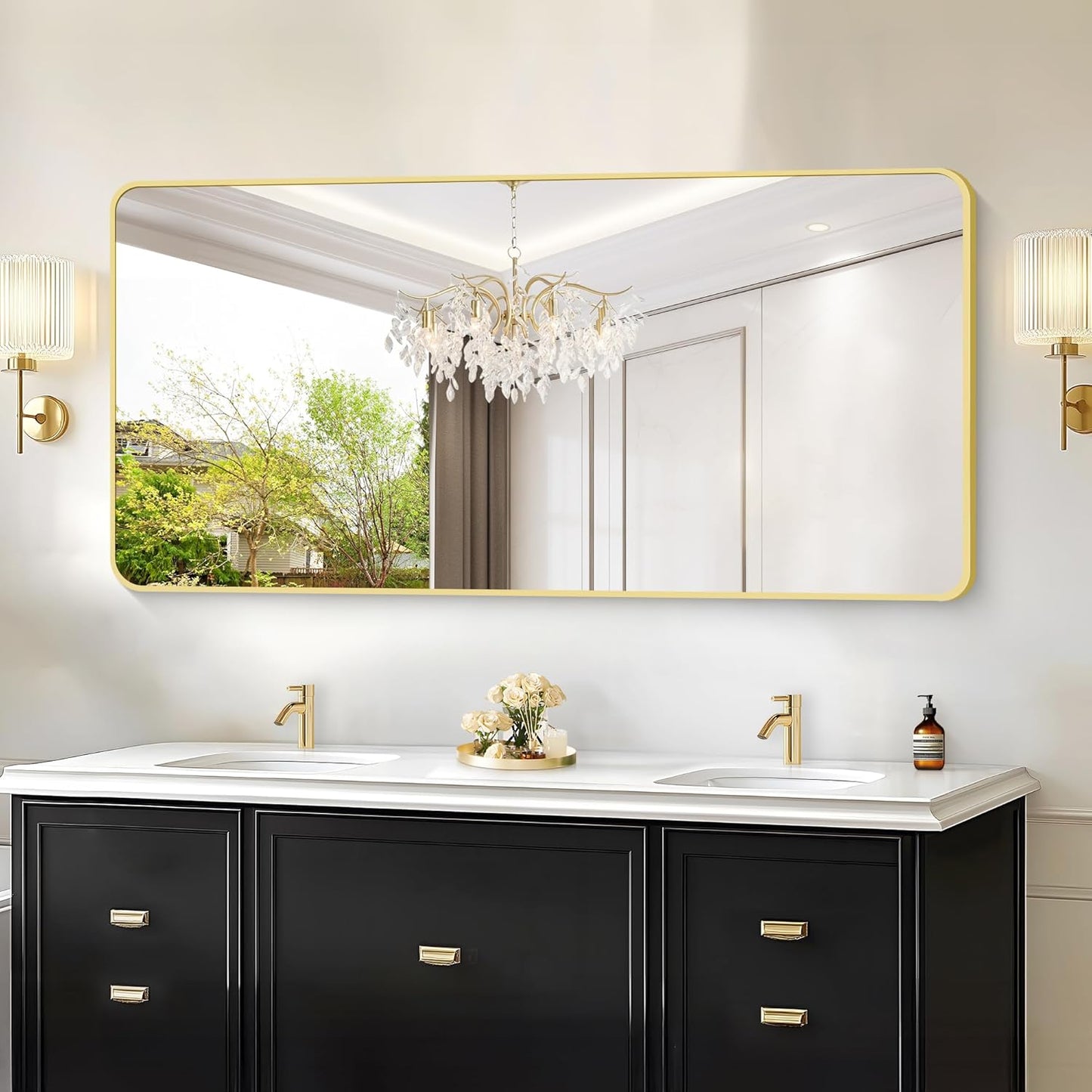 30"x60" Gold Bathroom Mirror, Large Rectangle Mirror, Rectangular Wall Mirror, Rounded Corner Vanity Mirror with Aluminum Metal Frame for Bathroom Bedroom Living Room