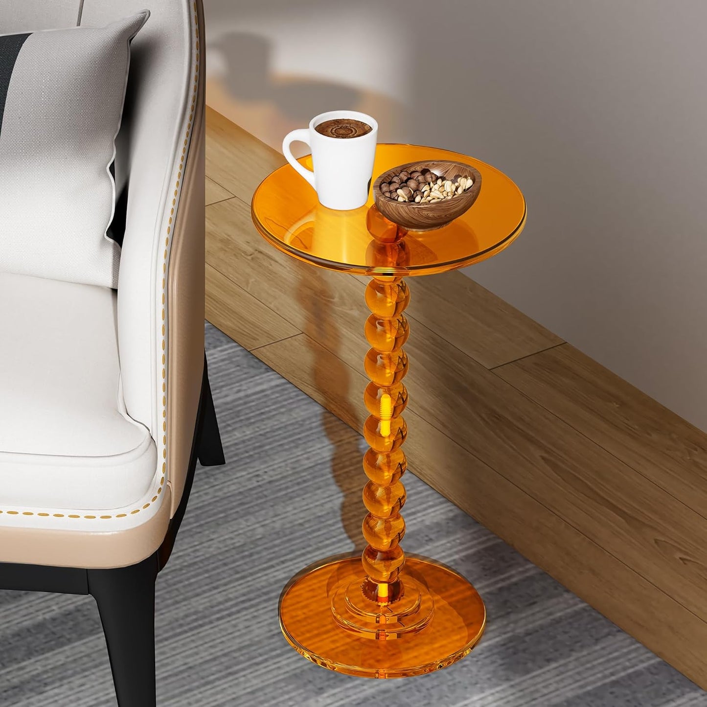 Acrylic Side Table, End Table Round Top with Solid Post for Living Room, Bedroom, Balcony, Easy Assembly (Clear) (Pedestal, Orange)