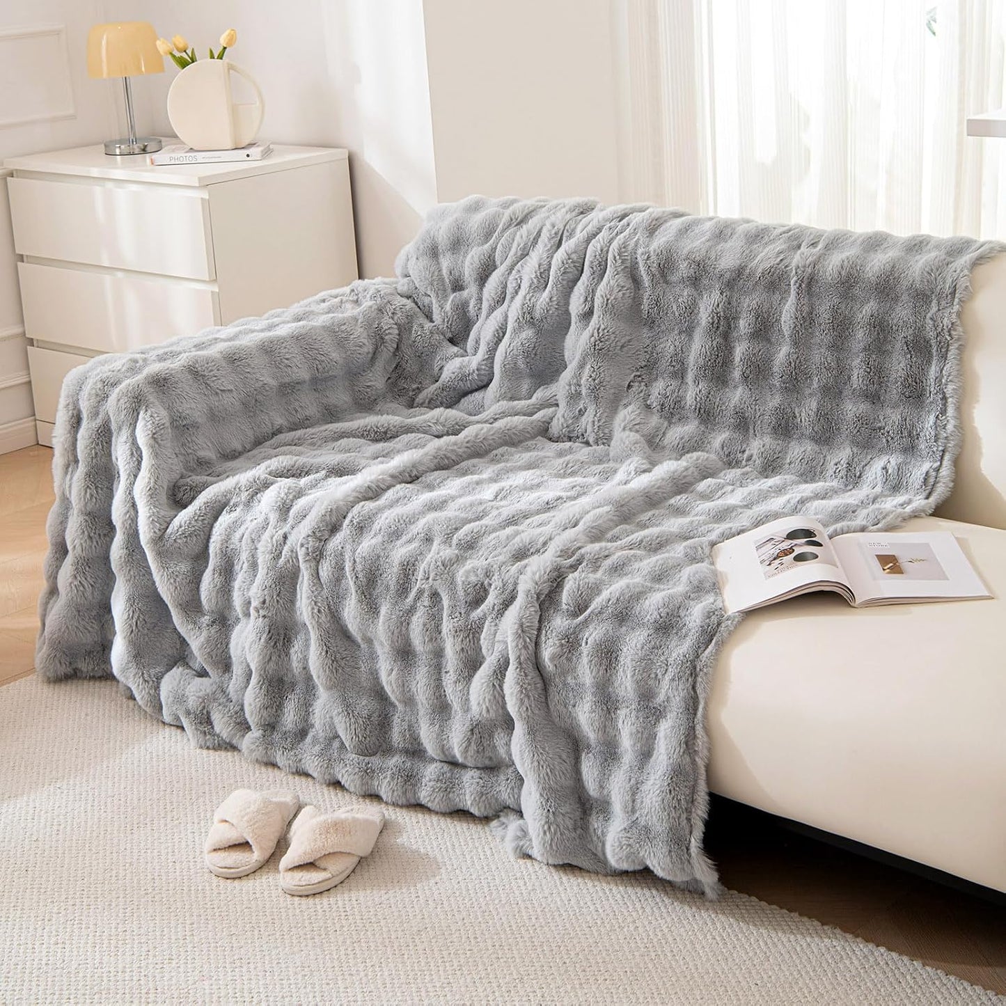 VM VOUGEMARKET Grey Couch Cover 1-Piece Universal Thick Faux Rabbit Fur Sofa Throw Cover Warm Soft Smooth Loveseat Cover Furniture Cover,Fluffy Plush Throw Blanket- Grey,71" x 118"