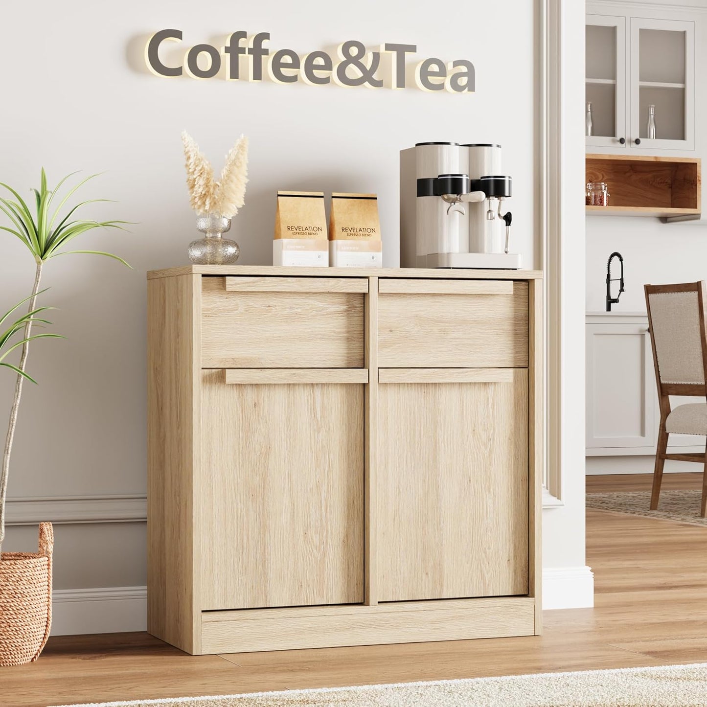 GarveeHome Sideboard Buffet Cabinet with 2 Drawers, 31.5" Large Coffee Cabinet with Storage, Modern Storage Buffet Table for Kitchen Dining Room, Living Room (Pear Wood, 2 Doors & 2 Drawers)