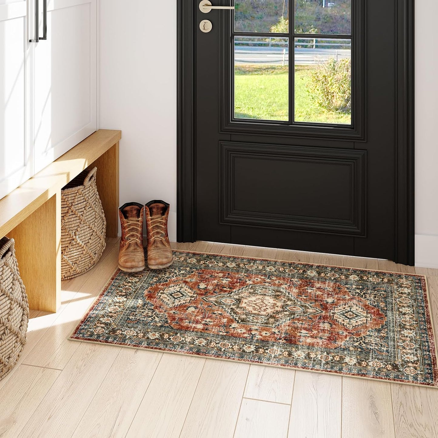 Lahome Oriental Small Area Rug, 2x4 Washable Entryway Rug Non-Slip Ultra-Thin Indoor Door Mat Distressed Throw Carpet for Kitchen Bedroom, Brick Red