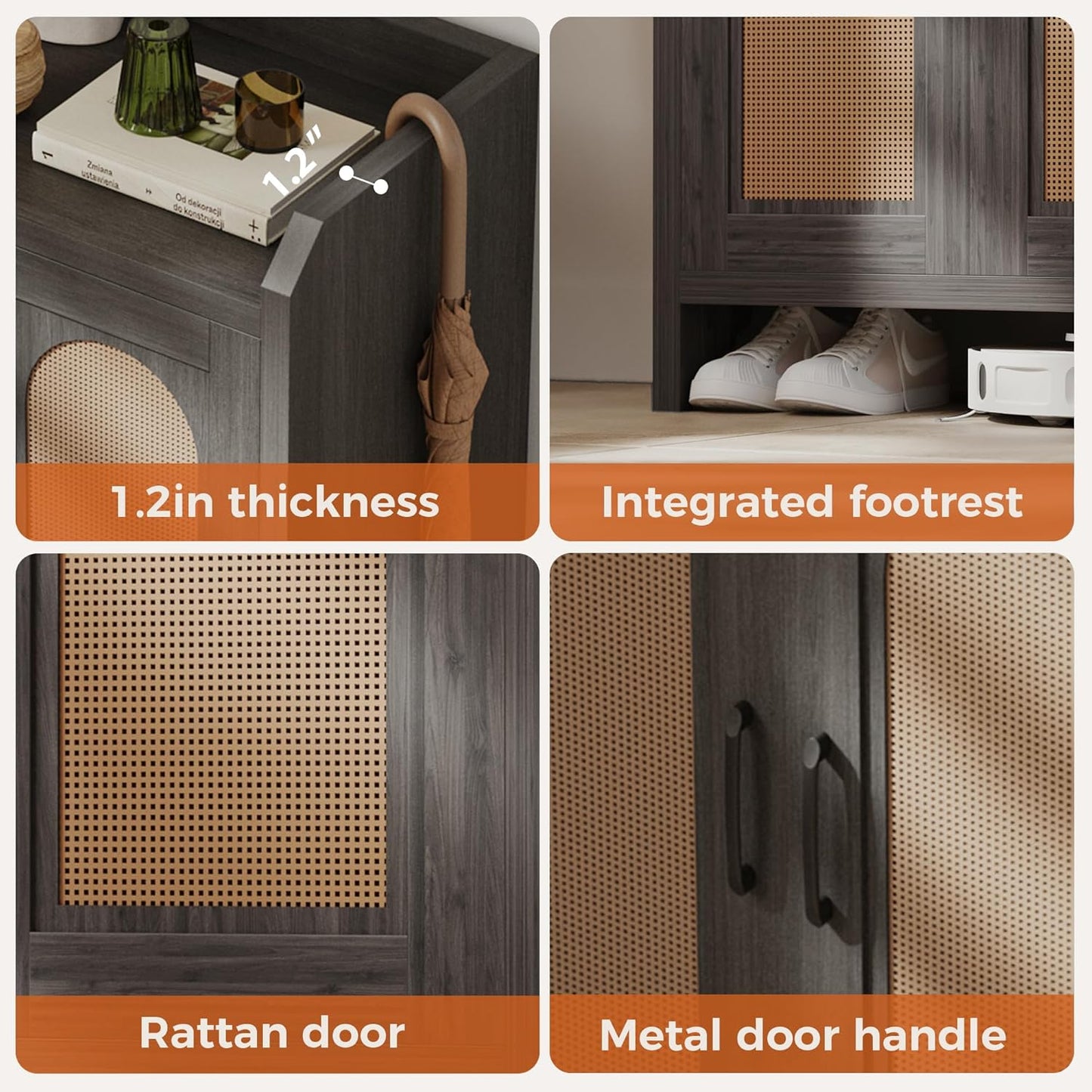 Shoe Cabinet Storage for Entryway, Natural Rattan Shoes Cupboard, Wooden Shoe Rack with Doors and Shelves, Farmhouse Boho Wood Shoe Organizer Cabinet for Hallway Black