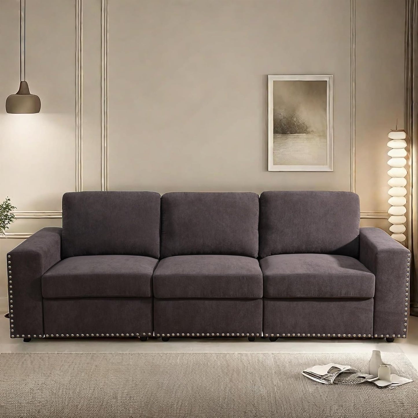 Sectional Couches for Living Room, 93″ Nail-Head Cloud Couches, Modern Comfy 3 Seater Sectional Sofa with Deep Seats for Bedroom, Office, Small Space, Brown