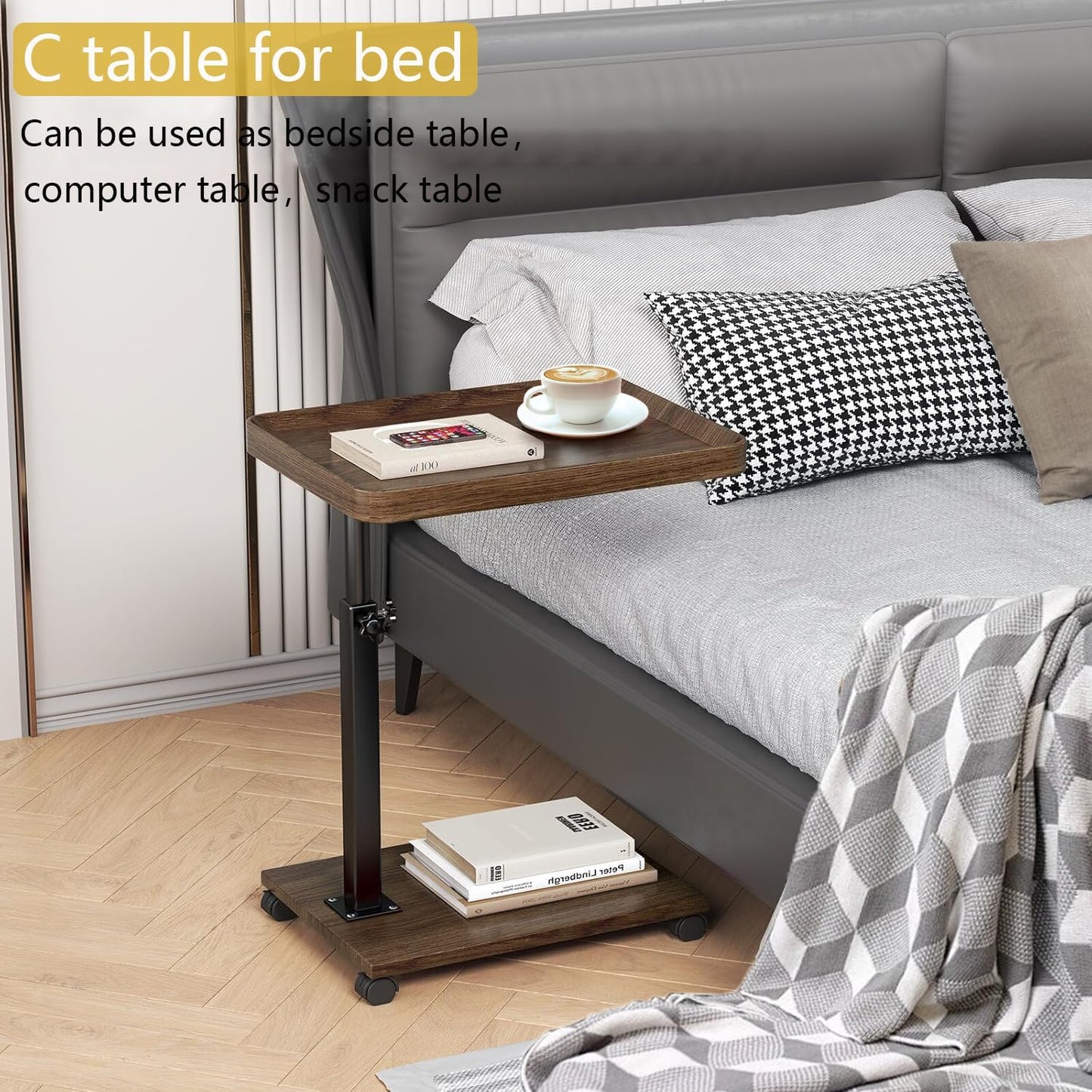 C Table End Table Adjustable Height, 360°Swivel TV Tray Table for Small Spaces, Couch Tables That Slide Under, C Shaped Side Tables with Wheels for Living Room and Bedroom, Bed