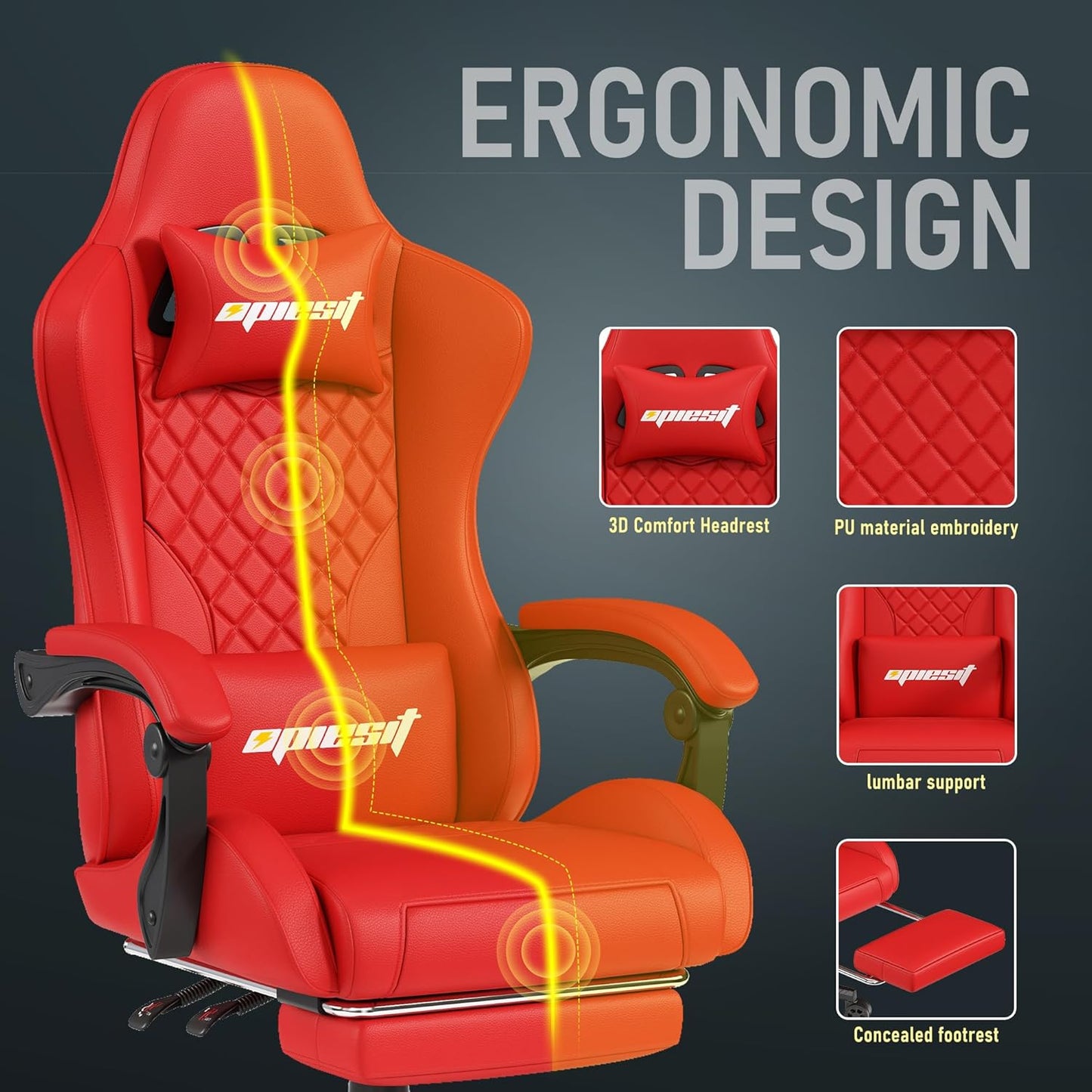 Gaming Chair Office Chair with Footrest, Height Adjustable, Ergonomic Computer Chairs with Pocket Spring Cushion, PU Leather,Video Game Chair 360° Swive,(PU-Red)