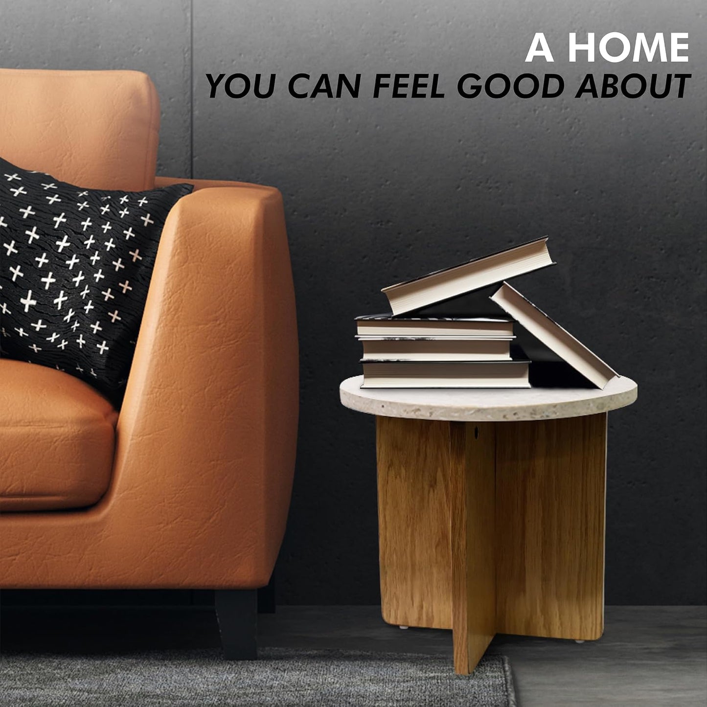 Melino Ocean-Plastic Round Side Table for Living Room, Bedroom, Nightstand with FSC Wood Base, Easy Assembly, Accent/Coffee Table (Plena Pearl, 14.6" D x 14.6" W x 13" H)