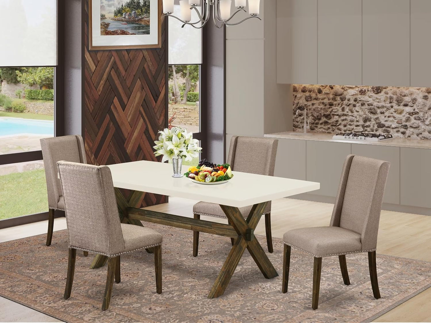 East West Furniture X727FL716-5 5 Piece Dining Set Includes a Rectangle Dining Room Table with X-Legs and 4 Dark Khaki Linen Fabric Upholstered Parson Chairs, 40x72 Inch, Multi-Color