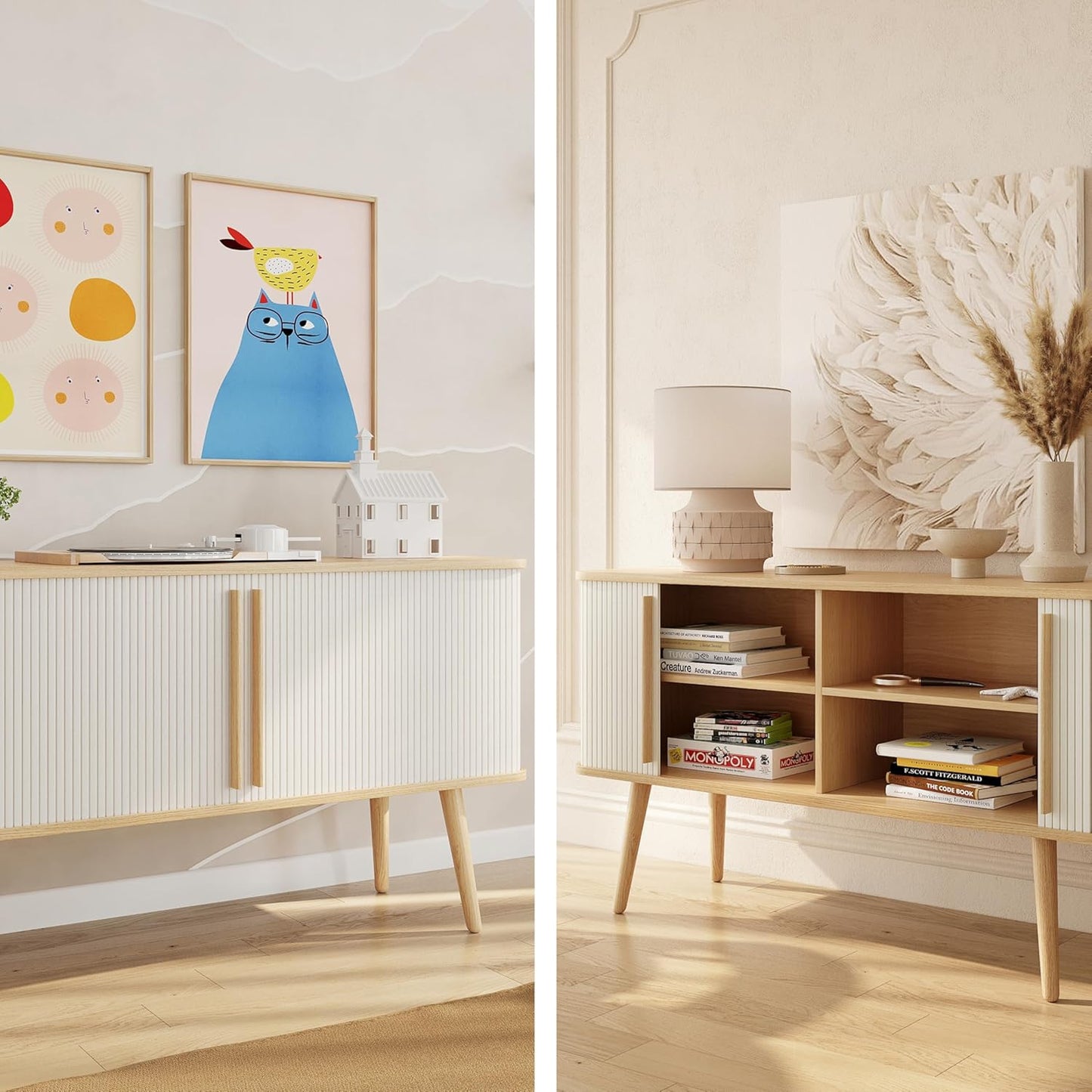 WERMO 53'' White Cabinet with Doors and Shelves - Credenza, Modern Media Console Table with Storage, White Sideboard Storage Accent Buffet Cabinet for Living Room, Office, Entryway and Bedroom (Oak)