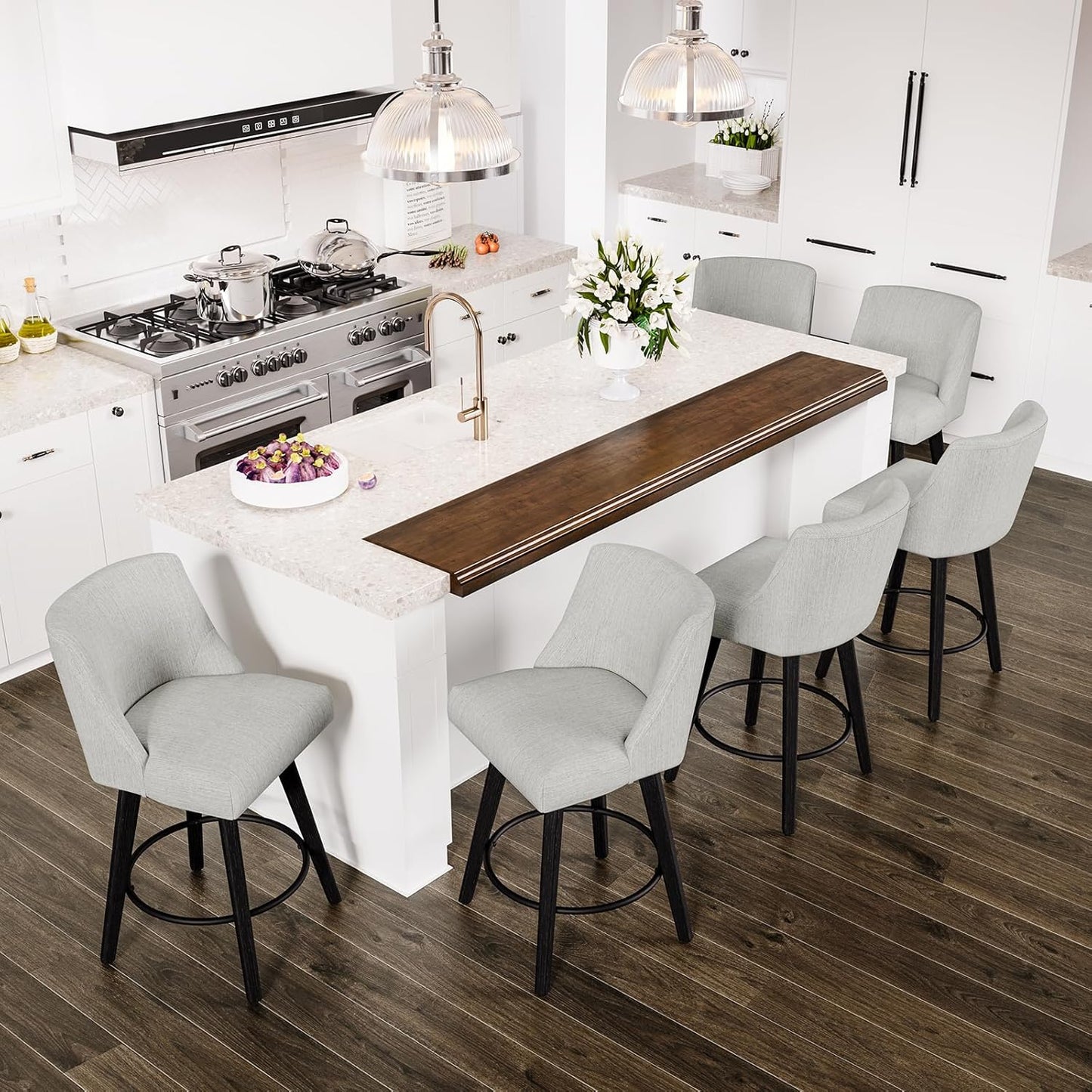 Counter Height Swivel Bar Stools Set of 6, 26 Inch Bar Stools with Footrest, Linen Fabric Upholstered Barstools with Back and Solid Wood Legs for Kitchen Island, Dining Room,Pub,White