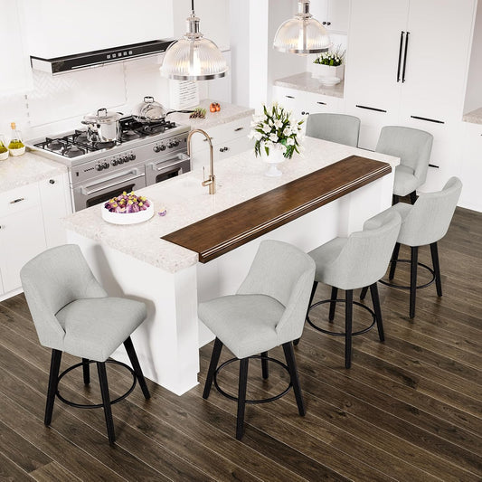 Counter Height Swivel Bar Stools Set of 6, 26 Inch Bar Stools with Footrest, Linen Fabric Upholstered Barstools with Back and Solid Wood Legs for Kitchen Island, Dining Room,Pub,White