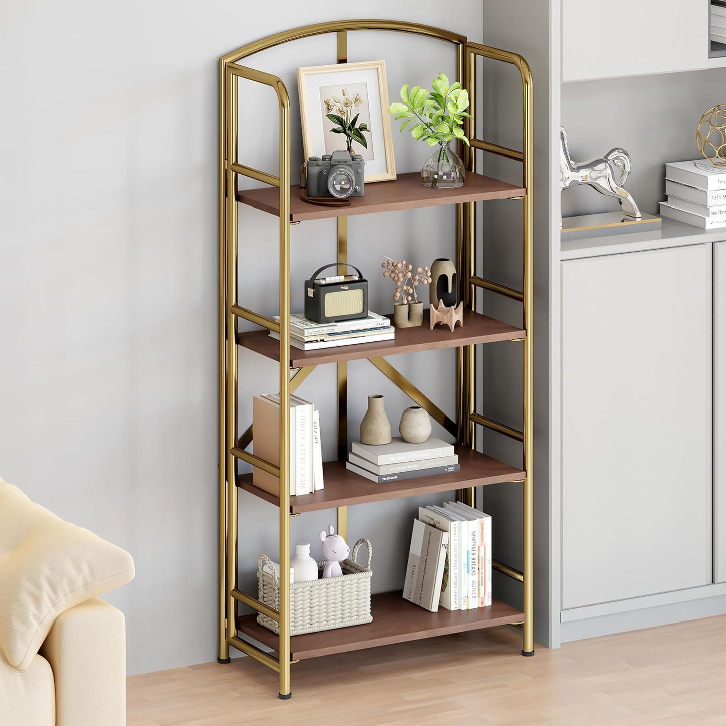 No-Assembly Folding Gold Bookshelf Storage Shelves 4 Tiers Vintage Multifunctional Plant Flower Stand Storage Rack Shelves Bookcase for Home Office