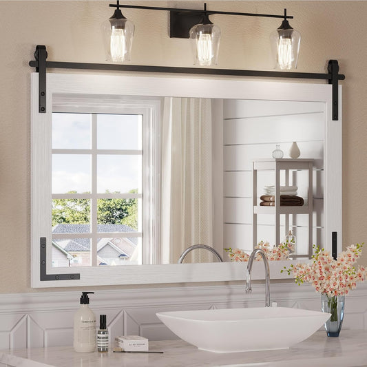 Farmhouse Mirror for Bathroom, 41"x26" White Rustic Bathroom Mirror with Wood Framed Decorative, Rectangle Barn Door Vanity Mirrors for Wall Entryway, Living Room, Courtyard