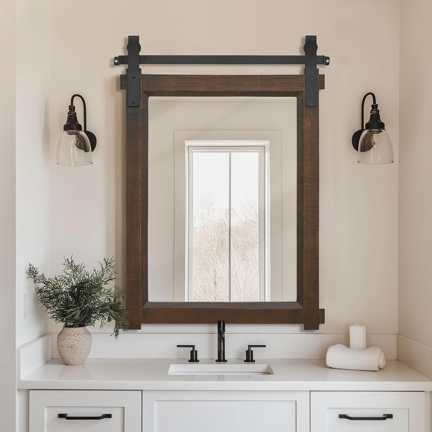 Farmhouse Barn Door Mirror: 22"x30" Black Rustic Wood Frame Mirror for Wall - Home Decor for Entryway/Bathroom/Living Room