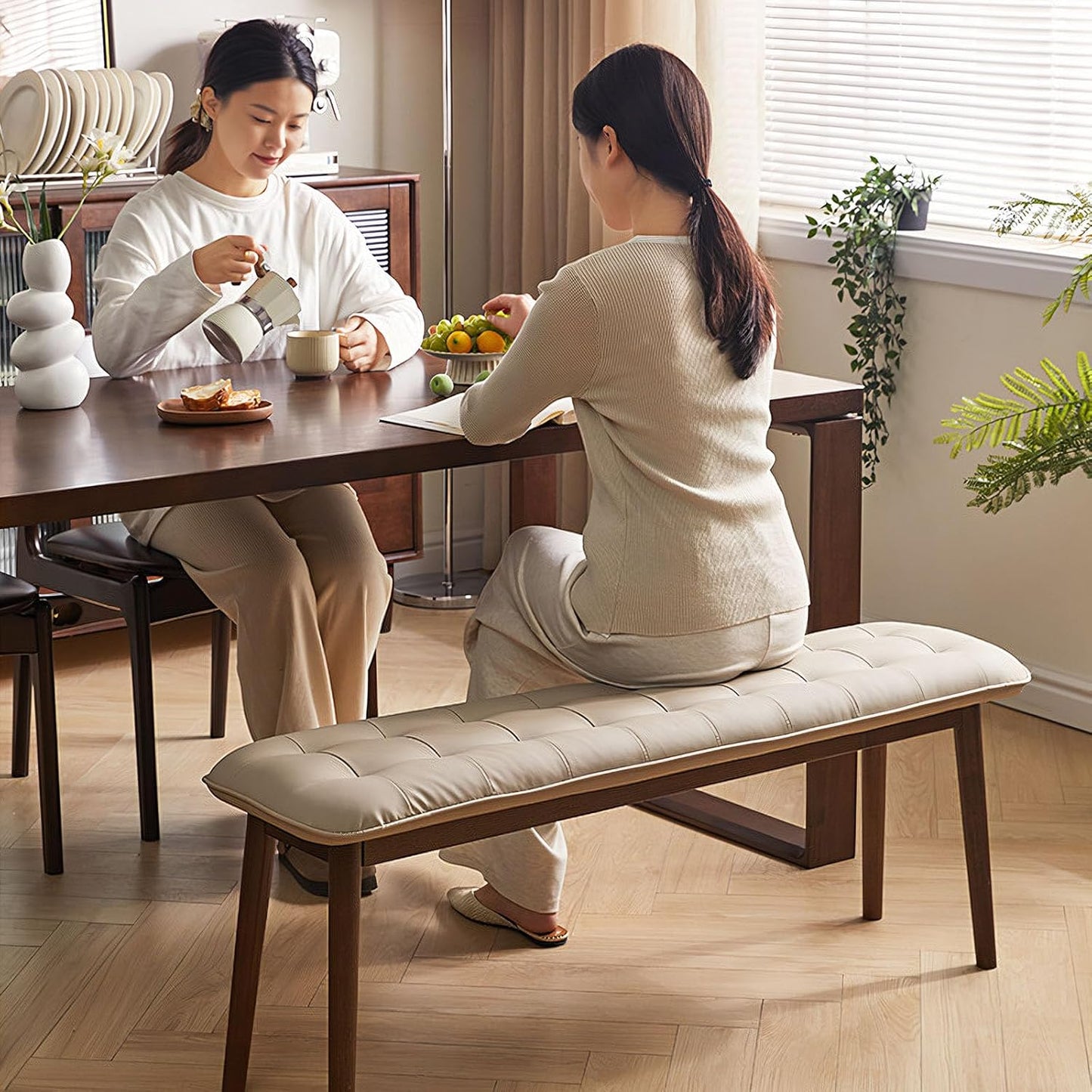 Entryway Bench, Solid Wood Dining Bench, Midcentury End of Bed Bench with PU Leather Padded Seat, Bedroom Bench, 47.24" L x 12.6" W x 17.72" H (Beige)