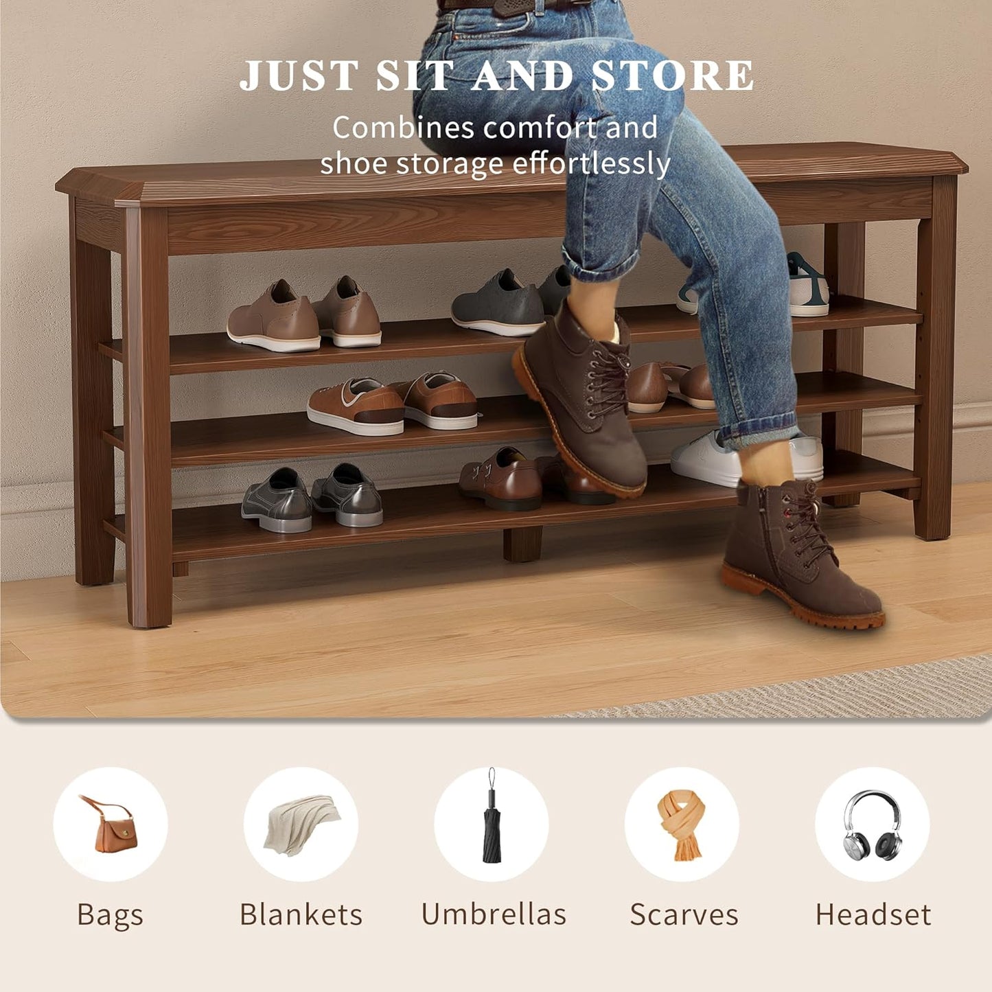 Shoe Rack for Front Door Entrance, Solid Wood Shoe Bench for Closet, Holds Up to 550lbs, Shoe Rack Bench for Entryway, Mudroom, Hallway