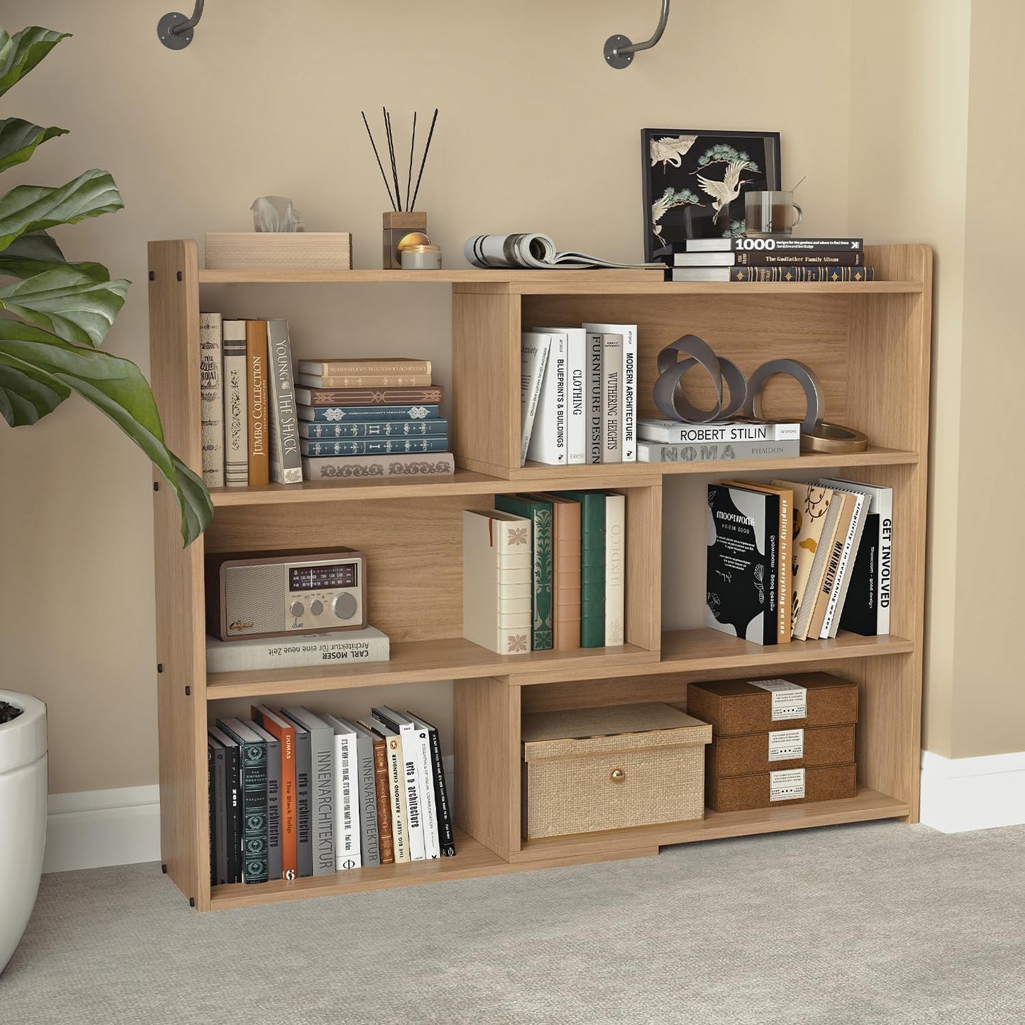 Open Shelf Low Bookcase,Wooden 4-Tier Floor Standing Expandable 25-47 inch Wide Bookcase,with Side Panels Frame for Home and Office