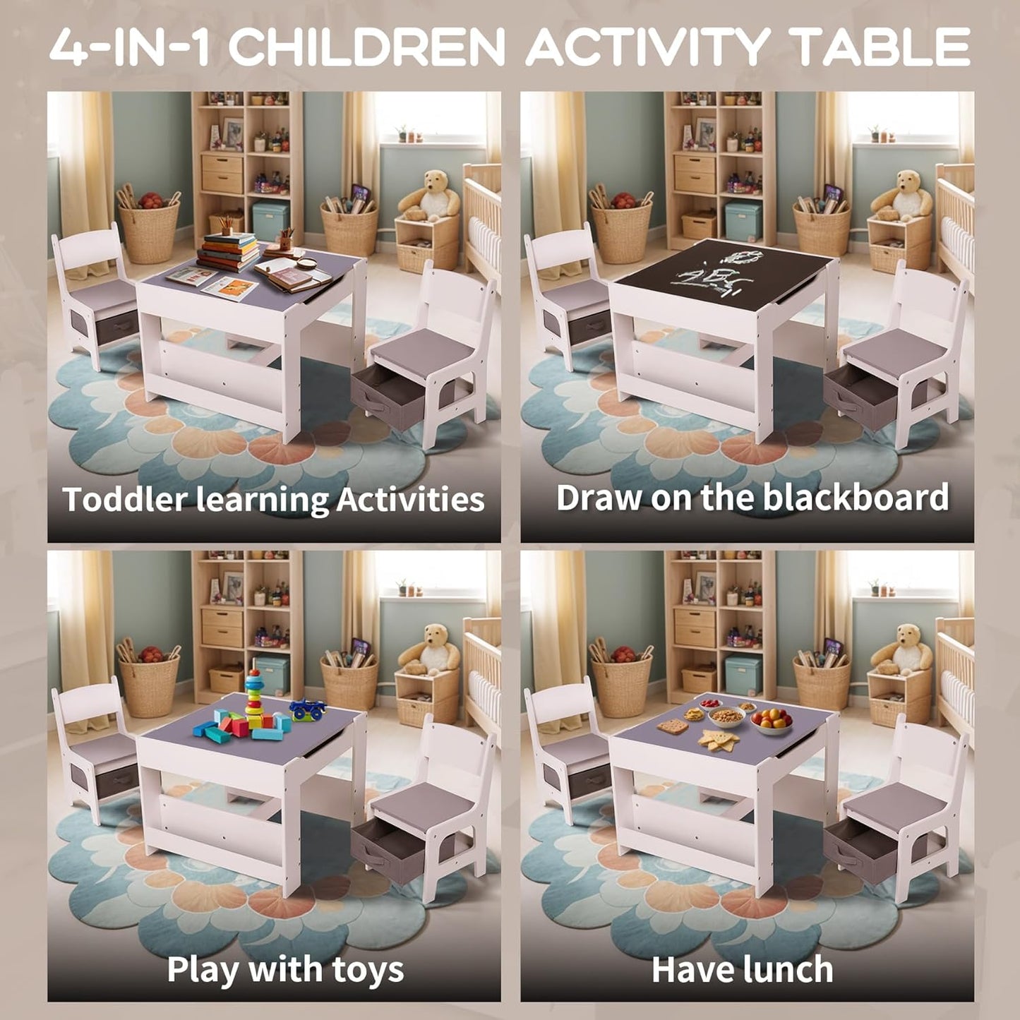 Joyooss Kids Table and Chair Set,4 in 1 Wooden Kids Table and Chairs Ages 3-7,Toddler Table with Storage Kid Desk and Chair Set for Toddlers 2 in 1 Tabletop