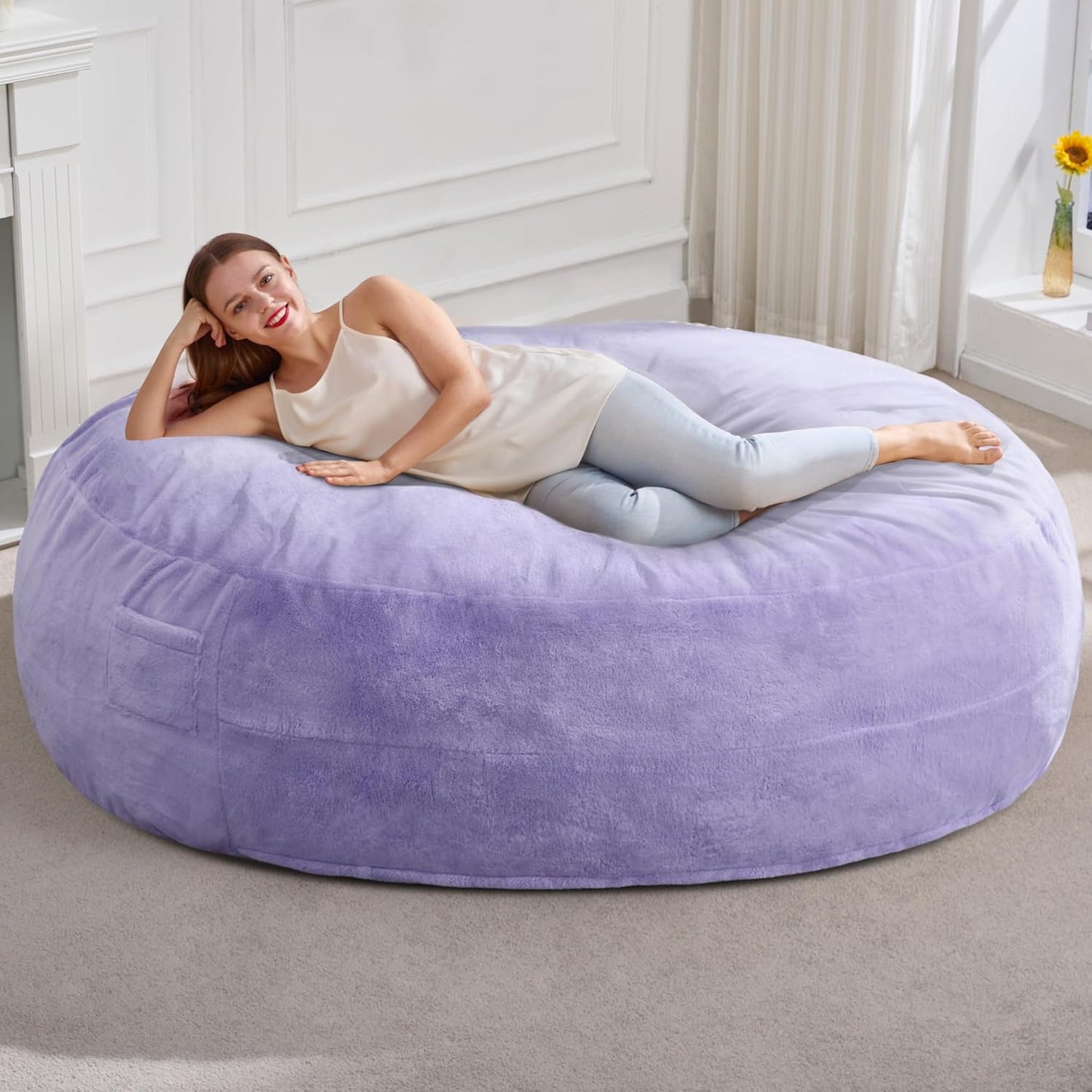Hobestluk 6ft Bean Bag Chairs for Adults Large Beanbag Chair with Plush Faux Fur Cover Big Bean Bag Chair for Living Room Bedroom Dorm Office - Purple (70" x 70" x 15")